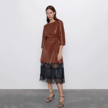 

2019 Autumn Winter Dress Women ZA Fashion Stitching Faux Leather Long Sleeve Dress Brown And Black Clothes Round Neck Dresses