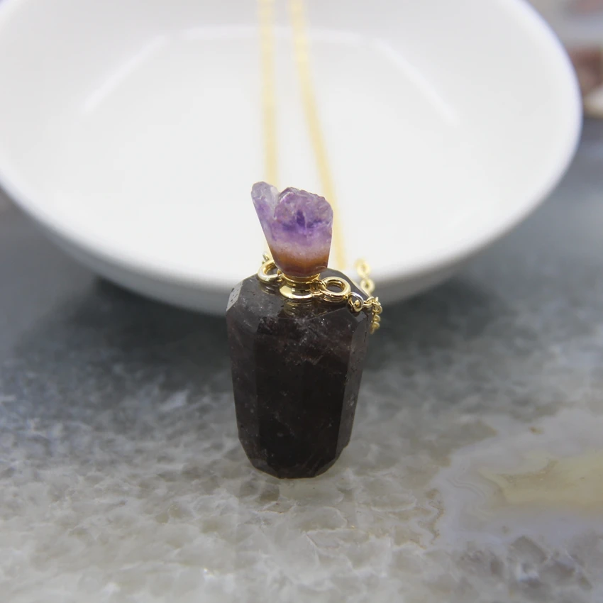 Natural Quartz Cut Faceted Perfume Bottle Pendants,Healing Crystal Essential Oil Diffuser Vial Necklace Jewelry For Women Gift