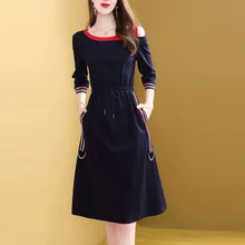 Модное Новое платье на шнурке, женское элегантное тонкое Повседневное платье с рукавом три четверти, корейский стиль, ТРАПЕЦИЕВИДНОЕ женское платье по колено