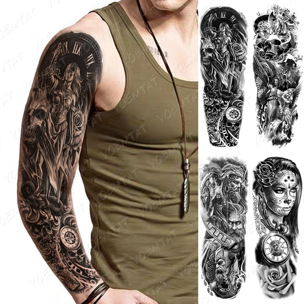 

Waterproof Temporary Full Arm Tattoo Sticker Greek Goddess Zeus Sea God Skull Flash Tattoos Man Body Art Fake Sleeve Tatto Women