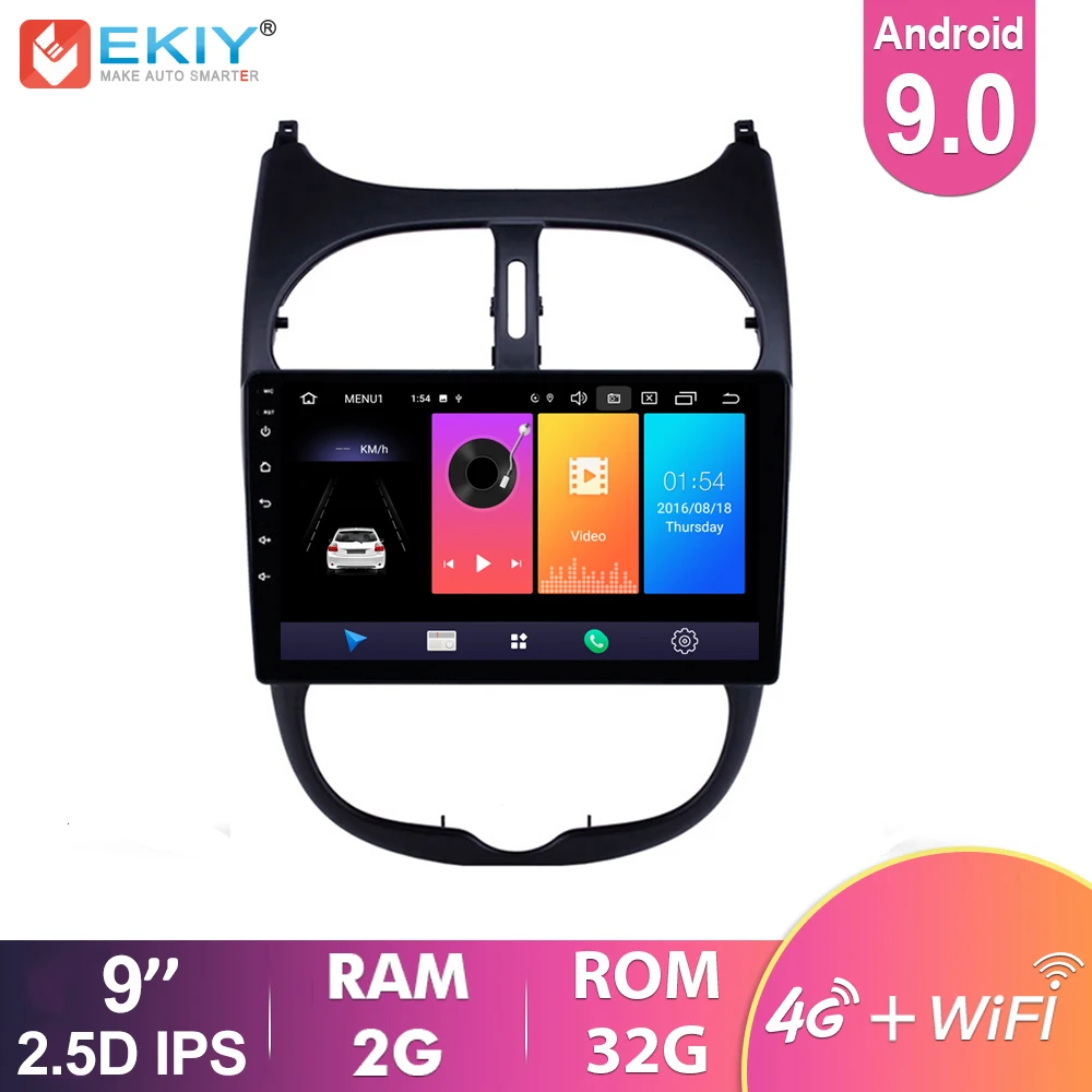 

EKIY 9'' 2.5D IPS Android 9.0 Car Radio for Peugeot 206 2000-2014 2015 2016 Multimedia Player Stereo Navigation GPS Autoradio HU