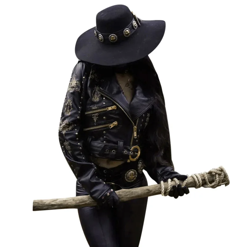 Женская Панк, искусственная кожа, куртка с принтом, заклепки, мотоциклетная байкерская куртка плотный облегающий Топ, зимняя винтажная кожаная куртка на молнии