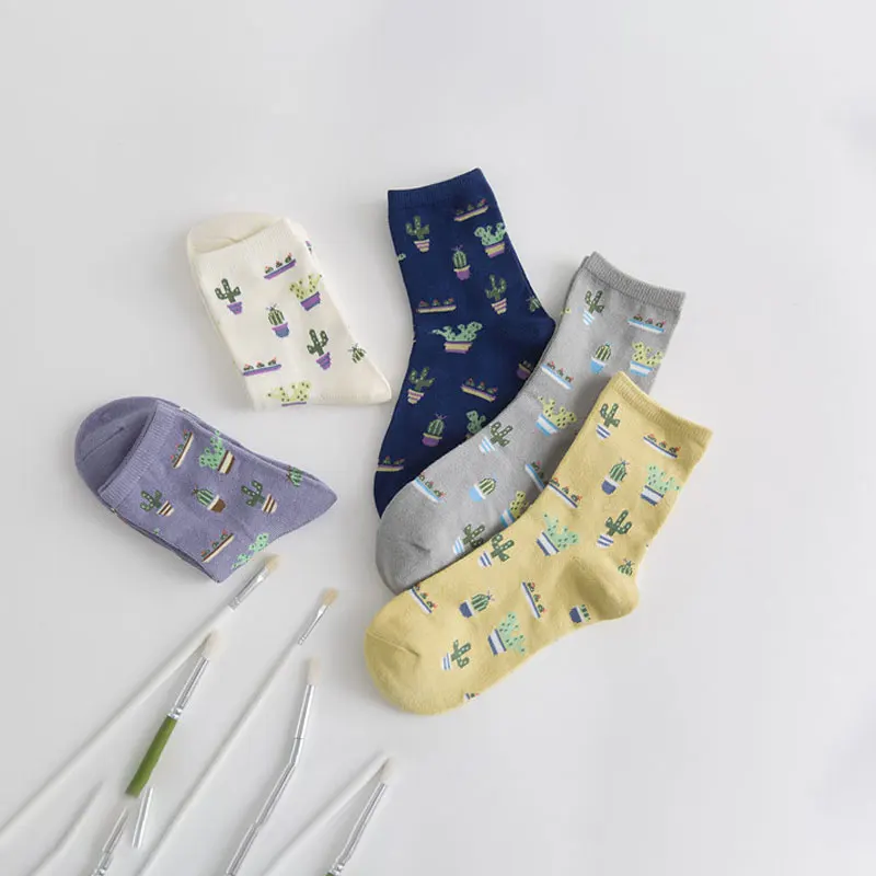 Кактус Забавные милые кавайные женские носки белые фиолетовые мягкие цветные 5 пар с принтом уютные крутые теплые персонализированные Хлопковые женские носки