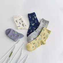 Кактус Забавные милые кавайные женские носки белые фиолетовые мягкие цветные 5 пар с принтом уютные крутые теплые персонализированные Хлопковые женские носки