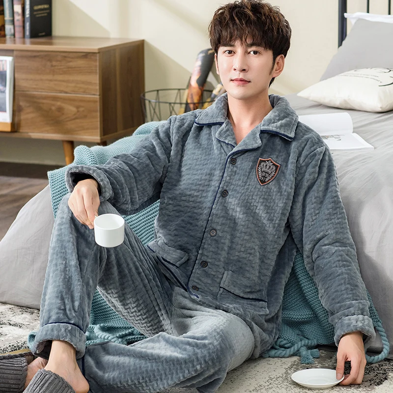 Winter Man's Coral Fleece Pajamas 2 Pieces Lounge Sleepwear for Men Pijama Bedgown 2019 Home Clothes PJ Grey Warm Thicken Pajama