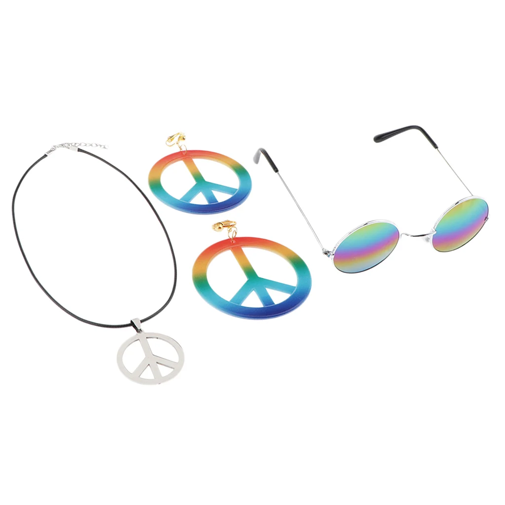 Peace Sign Necklace Earring Hippie Sun Glasses Hippie Costume Accessories Colorful Large Round Earring Necklace and Sunglasses