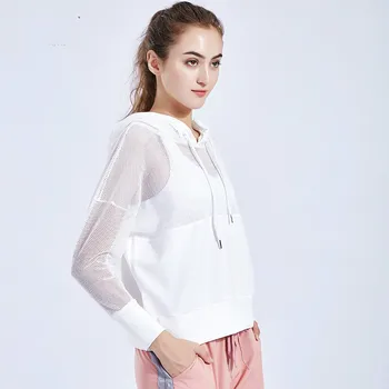 

Spring new loose casual mesh hooded jacket T-shirt women running breathable lady fitness clothing long sleeve