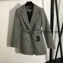 Abrigo largo de marca de lujo con doble botonadura para mujer, traje ajustado con cinturón y cierre en la cintura, con entramado de Mil Pájaros, para Otoño e Invierno