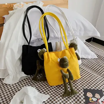 

Chic Cartoon Frog Women Handbag Classic Texture Creative Design Canvas Travel Totes Reusable Shopping Shoulder Bags
