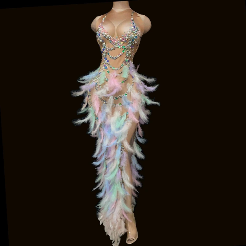 

Rhinestone Pearl Feather Dresses long Birthday Party Dress Women Stage Performance costume