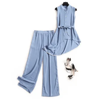 

2020 Two Pieces Sets Women Sleeveless Long Shirt Blouse Tops and Long Wide Leg Pants Trousers Suits