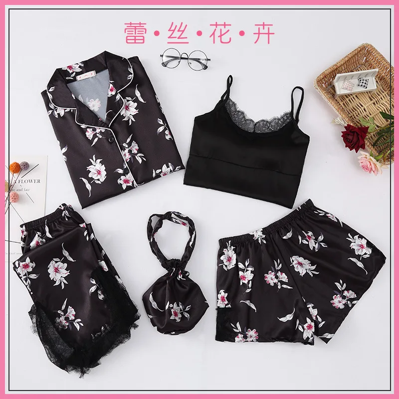 

2019 Summer V Dimension Silk 7 Pieces Pajamas Camisole for Women Imitated Silk Fabric Long Sleeve Trousers Home Wear