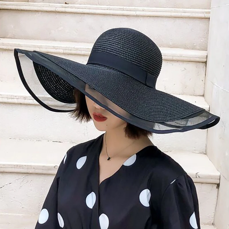 2021 New Sun Hats for Women Girls Wide Brim Floppy Straw Hat Summer Bohemia Beach Cap Ribbon Chapeau Black