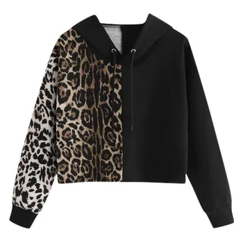 

Women Leopard Patchwork Hoodie Crop Top Sweatshirt Short Long Sleeve Drawstring Casual Loose Cropped Pullover Hoodies Tops