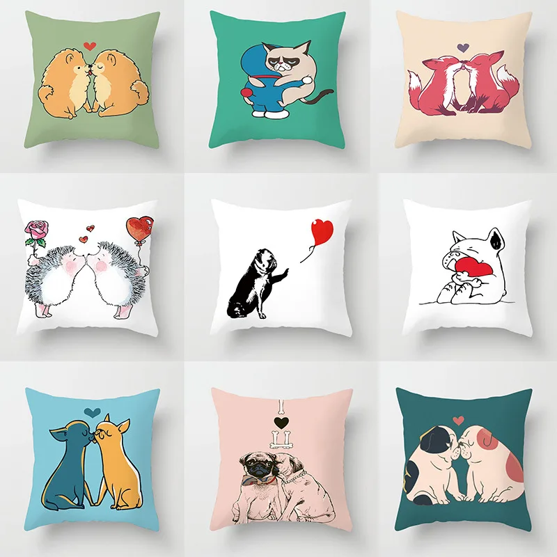 

Pillow case 45 * 45 Cartoon Couple Dog Printed Polyester Pillow Case Square Decorative Pillow Case