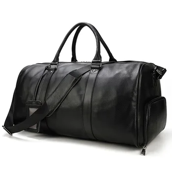 

Men's Leather Travel Bag Litchi Pattern Black Luggage Bag Shoe Cylinder Tote Bag Crossbody Bag