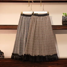Осенняя Женская юбка ретро клетчатая эластичная юбка с высокой талией плиссированная хлопковая Длинная Юбка До Колена