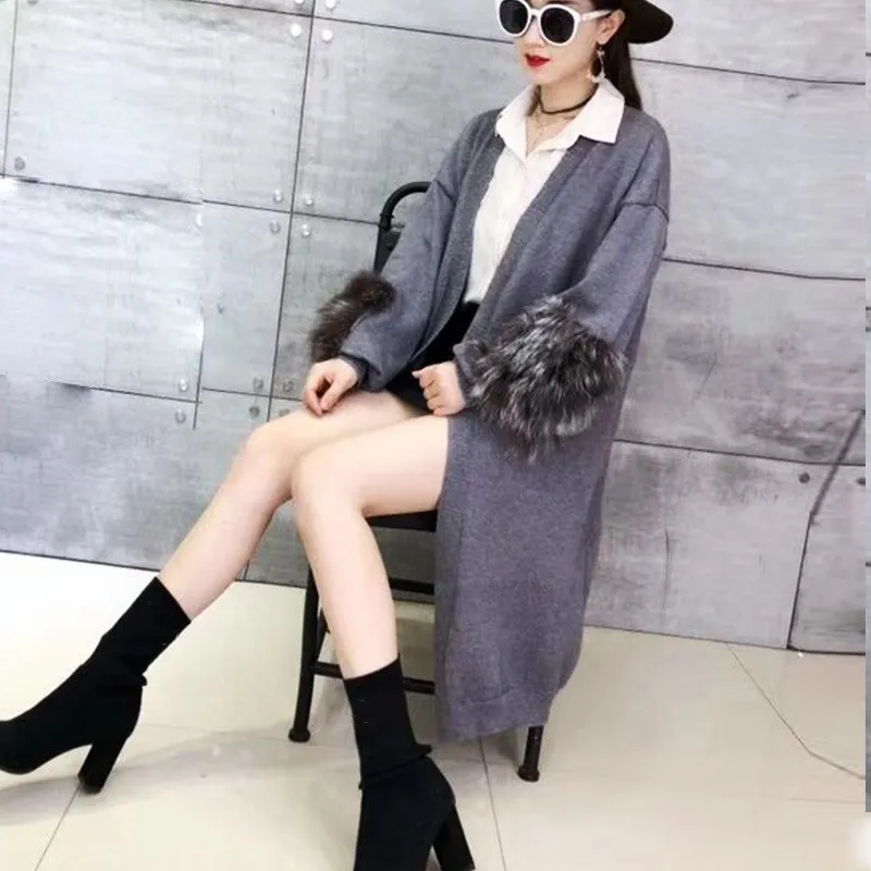 WHITNEY WANG осень зима мода уличная натуральный Лисий мех лоскутное длинный кардиган женский свитер Sueter mujer invierno