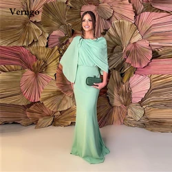 Verngo Simple Mint Green Chiffon Prom Dresses Long Sleeves Cape Modest O-Neck Mother Party Formal Evening Gowns Plus Size