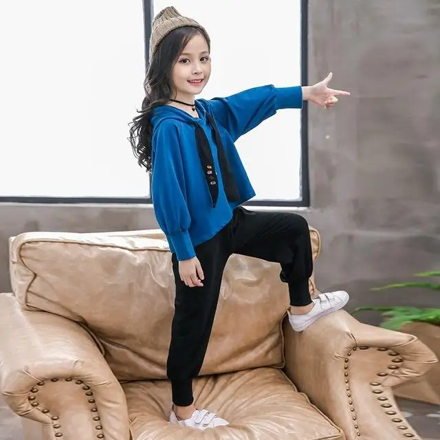 Dark Blue Комплект одежды для девочек 8, 10, 12, 13 лет, детский спортивный костюм толстовки с длинными рукавами спортивный костюм из 2 предметов для девочек-подростков, детская одежда - Цвет: Dark Blue