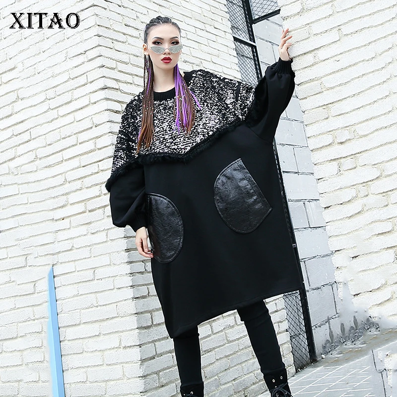[XITAO] Корейский модный женский осенний топ с круглым вырезом и длинным рукавом Женский пуловер в стиле пэчворк толстовка с расклешенными рукавами WLD2824