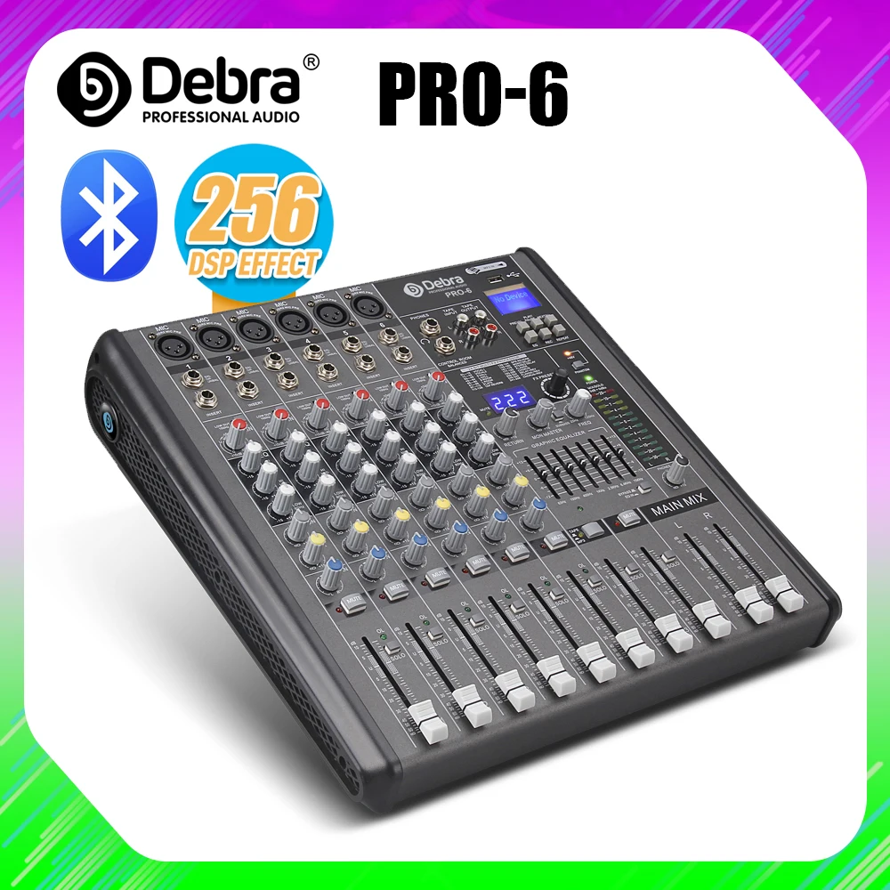 Профессиональный 6-канальный аудиомиксер DJ с 256DSP bluetooth USB 48 В для сценической