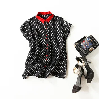 

Silk T-Shirt Female Summer 2020 New Vintage Polka Dot Contrast Colour Small Turn Down Collar Loose Casual Pullover Women Tops