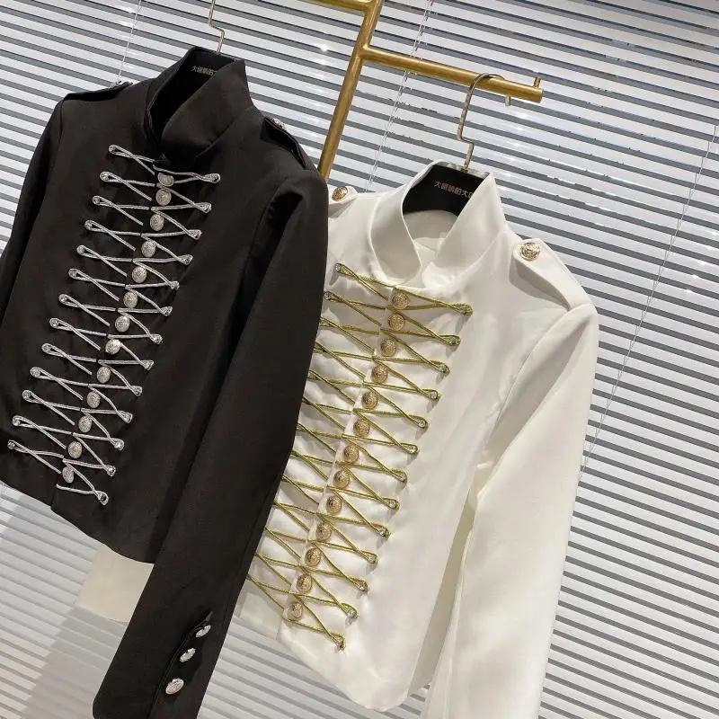 Vintage Style Blazer Women Black White Autumn Long Sleeve Stand Collar Casual Retro Short Coat Top Ladies Jacket Outwear Female