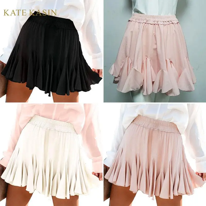 Kate Kasin Женская плиссированная мини-юбка с эластичной высокой талией, Женская однотонная трапециевидная Расклешенная юбка, летняя шифоновая короткая юбка