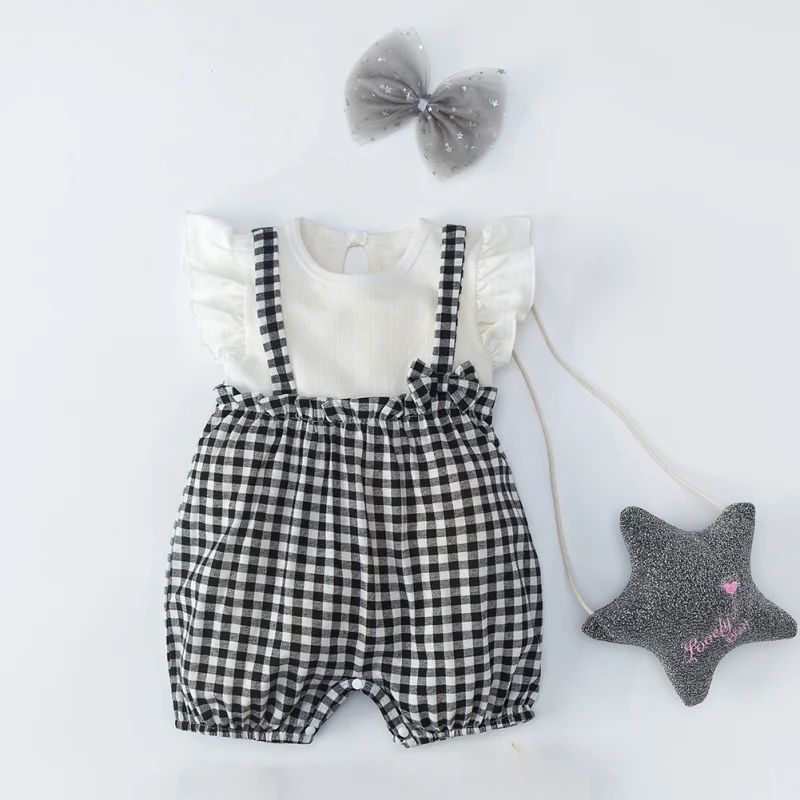 

Infant Girl Fake Rompers Clothing Newborn Baby Girls Black White Plaid Straps Bow Jumpsuit Summer Outfit Clothes