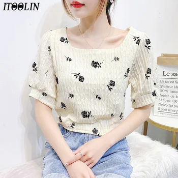 

ITOOLIN French Floral Summer Blouse Elegant Puff Sleeve Crop Tops Lady Tee Tops Women's Short Sleeve Shirts Femininas Pullover