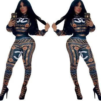 

Free Ship 2019 New Women Fashion Print Zipper Neck Sweatsuit Casual Slim Baseball Jacket and Pants Set Female Outfits