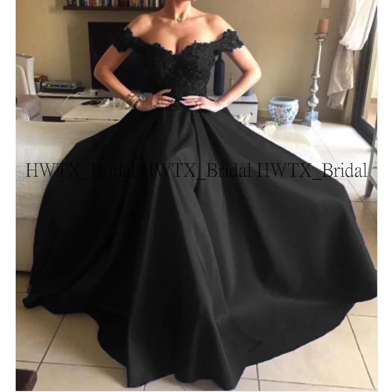 Черный HWTX_Bridal красные длинные платья для выпускного вечера Элегантное Черное атласное вечернее платье с открытыми плечами Vestidos de fiesta de noche - Цвет: Черный