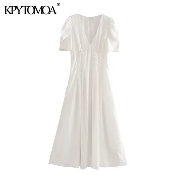 

KPYTOMOA Women 2020 Elegant Fashion Solid Pleated Midi Dress Vintage V Neck Puff Sleeve Female Dresses Chic Vestidos Mujer