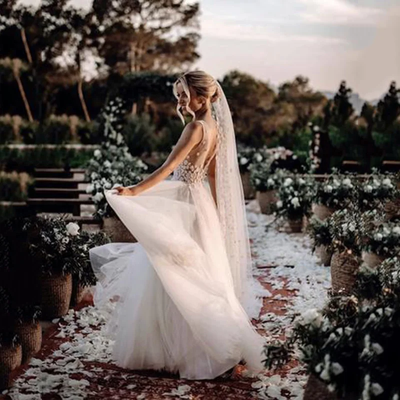 Свадебное платье трапециевидной формы с v-образным вырезом, свадебное платье в стиле бохо, цветочное кружевное Тюлевое свадебное платье, Vestido de novia