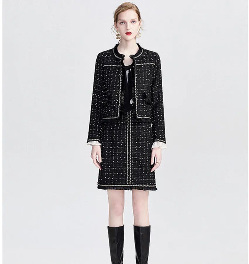 HAMALIEL/осенне-зимний женский комплект из 2 предметов, модная черная твидовая плотная куртка в клетку с кисточками+ юбка-карандаш с высокой талией