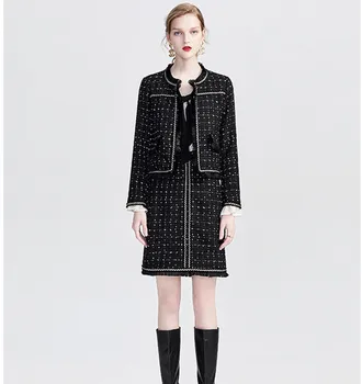 

HAMALIEL Fall Winter Women 2 Piece Set Fashion Black Tweed Plaid Tassel Thick Jacket Coat + High Waist A Line Pencil Skirt Set