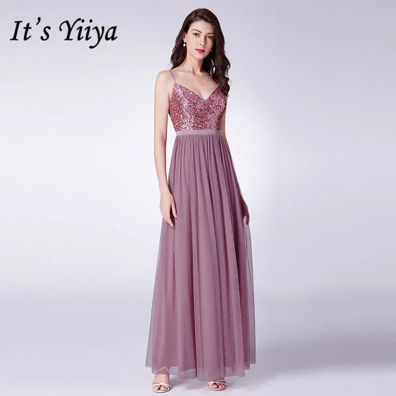 Это Yiya элегантное вечернее платье с v-образным вырезом Спагетти ремень Длинные вечерние платья Блестящие Блестки Серебряный строгий халат de Soiree C406