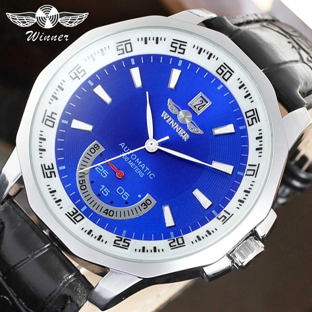 

Winner Sport Fashion Blue Design Irregular Shape Calendar Mechanical Automatic Watches for Men Top Brand Luxury Luminous Hands