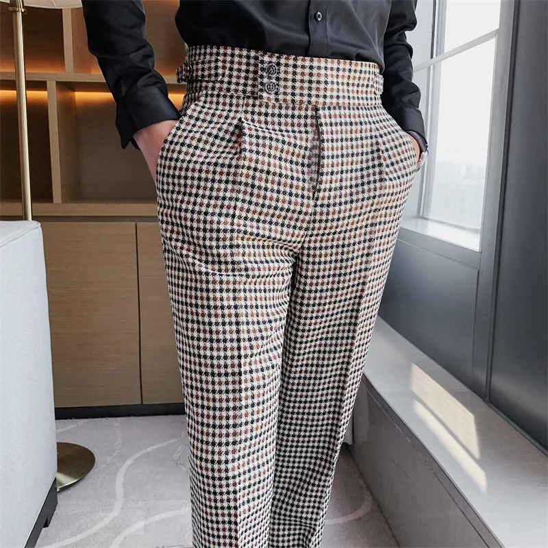British Style Men High Waist Business Dress Pants Fashion Houndstooth Office Social Suit Pants Wedding Groom Casual Trousers Men