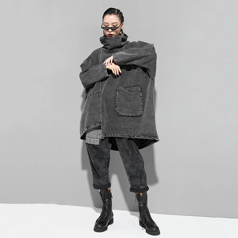 [EAM] Loose Fit Black Denim Oversized Sweatshirt New High Collar Long Sleeve Women Big Size Fashion Autumn Winter 2020 1K166