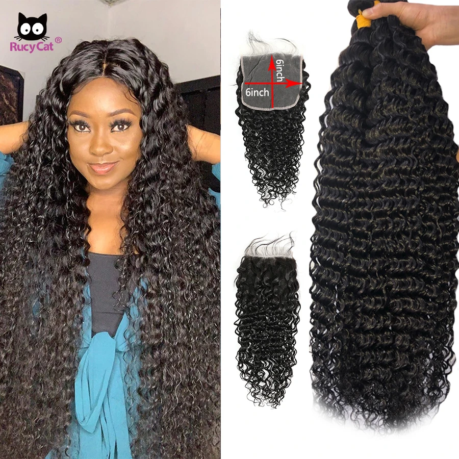 26 28 30 INCH Deep Wave Bundles With Closure Brazilian Human Hair Bundles With Closure 6x6 Lace Closure Rucycat Remy Hair