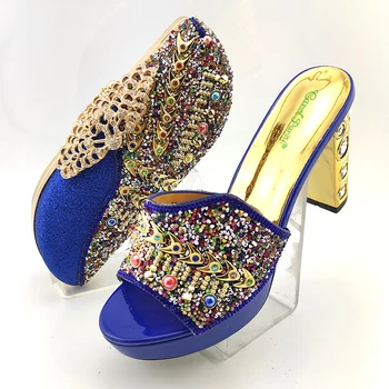 2020 New Arrival Royal Blue Color Shinning PU material Ladies Shoes and Bag Set Decorated with Colorful Rhinestone for Party 1