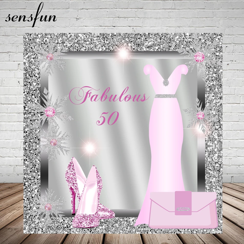 Sensfun Lady Women Fabulous 50 Birthday Party Background Pink Dress Glitter Heels Silver Diamonds Frame Fotografia Sfondi