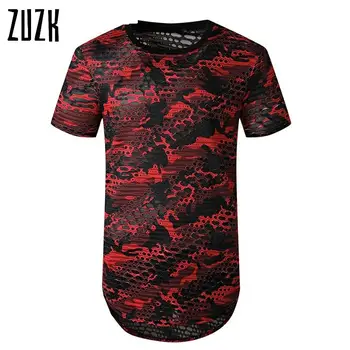 

Red Camo Ripped Long Line T Shirt for Men Hip Hop Hipster Mens Extra Long T Shirts Short Sleeve Casual Teeshirt Homme 2XL