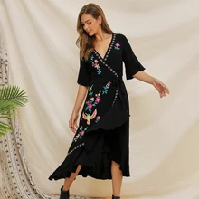 Асимметричное черное миди-платье с цветочной вышивкой, полурасклешенное длинное платье с гофрированным подолом и поясом, Осеннее женское повседневное винтажное платье