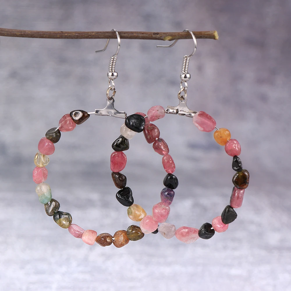 

Bohemian Natural Asymmetry Tourmaline Earring Hoops For Women 4cm Big Geometric Round Circle Loop Earring 2020 Fashion Jewelry