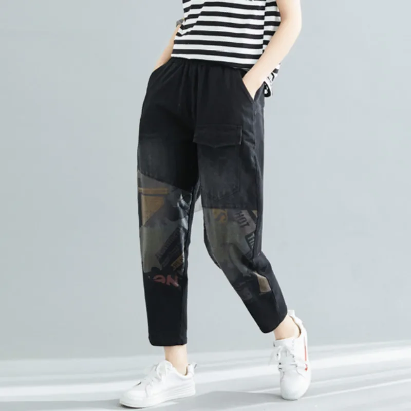 

THHONE Mom Jeans Women Denim Pants Black Patchwork Print Pants Harem Casual Trousers High Waist Mujer Boyfriend Jeans for Women