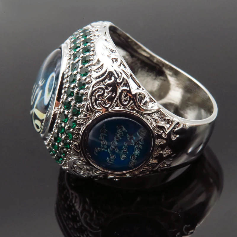 Мужские ювелирные изделия мусульманский арабский Бог сообщение палец кольцо Роскошные Большой Круглый Зеленый Синий Камень Чемпионат Кольца лучшее качество Z3X808