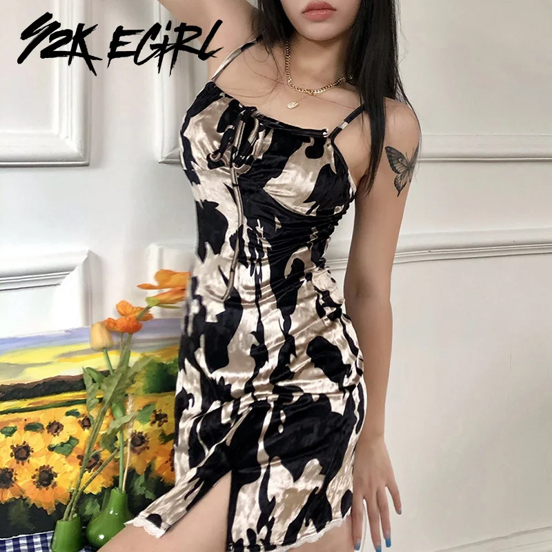 

Y2K EGIRL 90s Fashion Zipper Spaghetti Strap Bandage Velvet Dresses Vintage Backless Slim Hem Drawstring A-line Party Dress